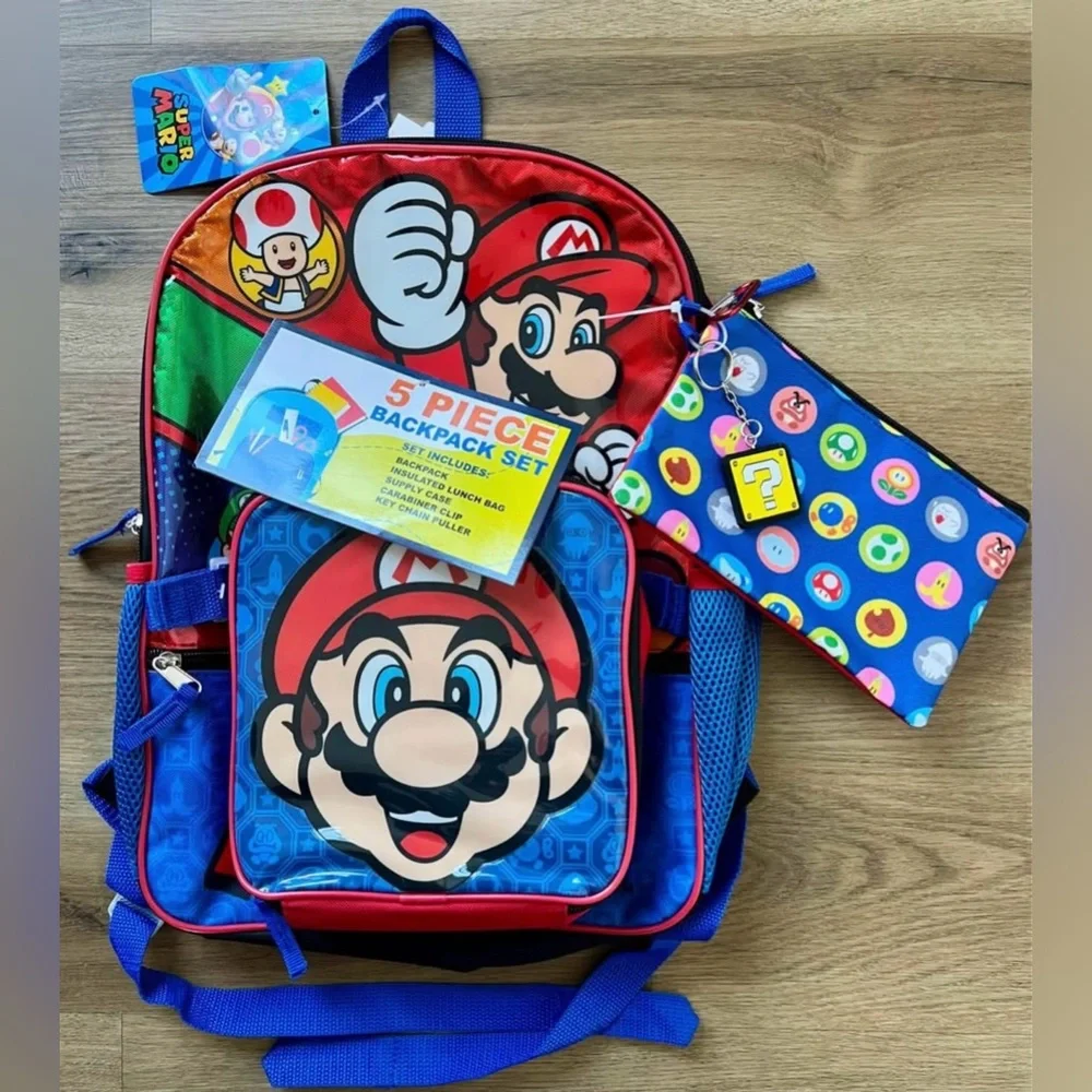 NEW Mario Backpack, Insulated lunch bag, Supply case, Carabiner clip, Key chain